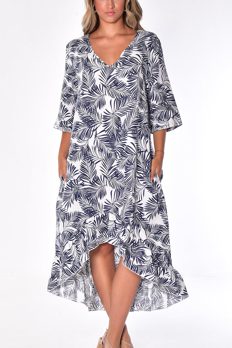 Azucar 100% Linen Ladies Dress with 3/4 Sleeve and Ruffled Hem in (3) Colors-LLD1451/LLWD1981 - Casual Tropical Wear