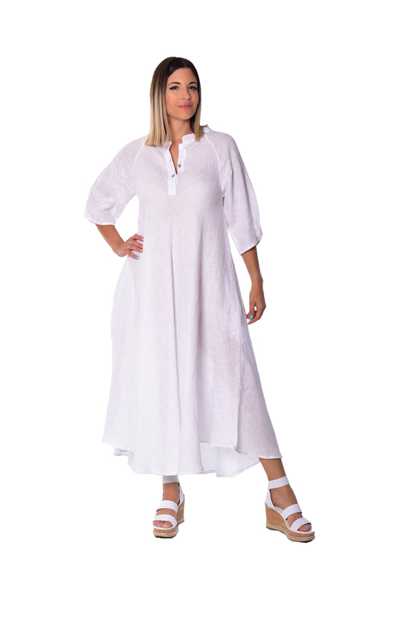 Long Linen Bias-Cut Dress With Mandarin Collar - LLWD2076