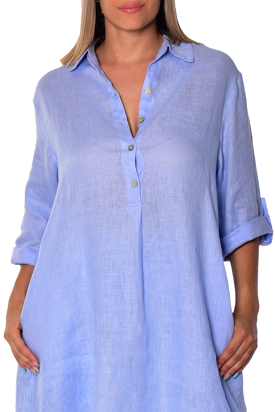 Linen Roll-Up Sleeve Tunic Dress by AZUCAR - LLWD2078 - Casual Tropical Wear