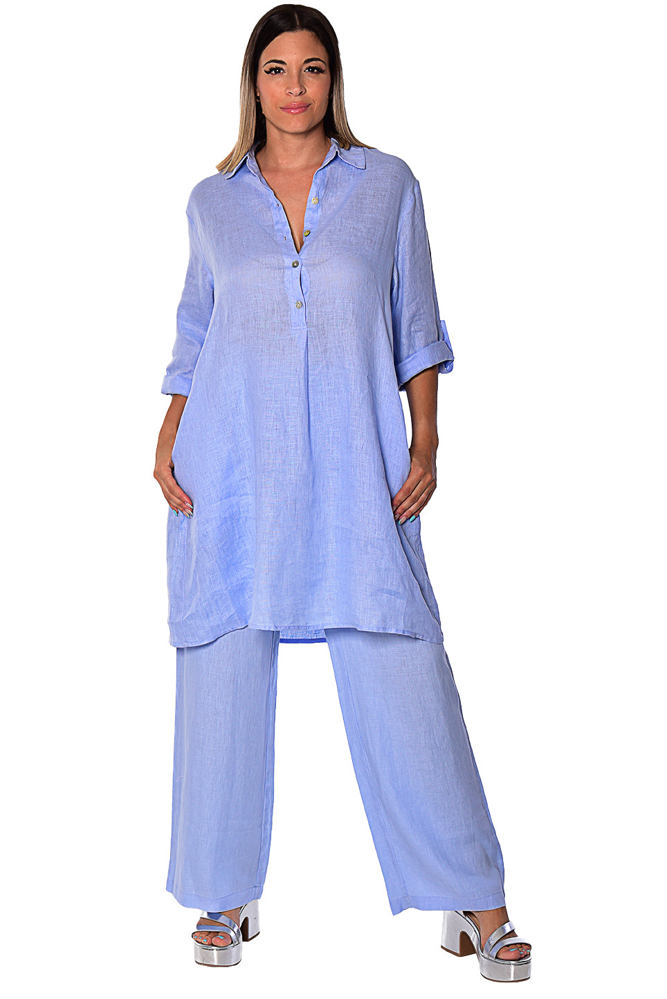 Linen Roll-Up Sleeve Tunic Dress by AZUCAR - LLWD2078 - Casual Tropical Wear