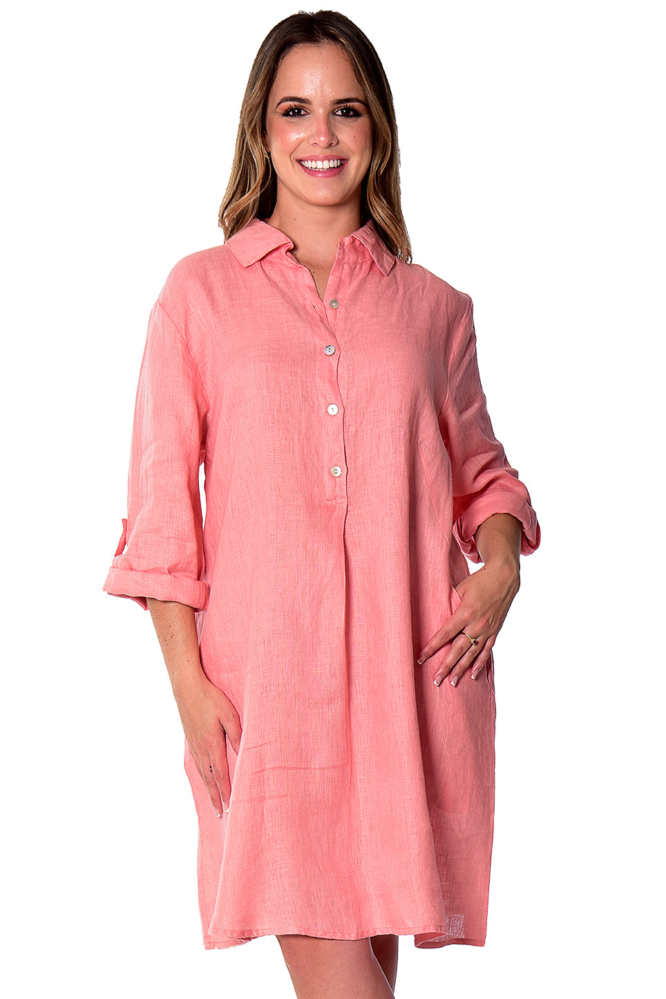 Linen Roll-Up Sleeve Tunic Dress by AZUCAR - LLWD2078 - Casual Tropical Wear