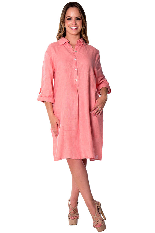 Linen Roll-Up Sleeve Tunic Dress by AZUCAR - LLWD2078 - Casual Tropical Wear