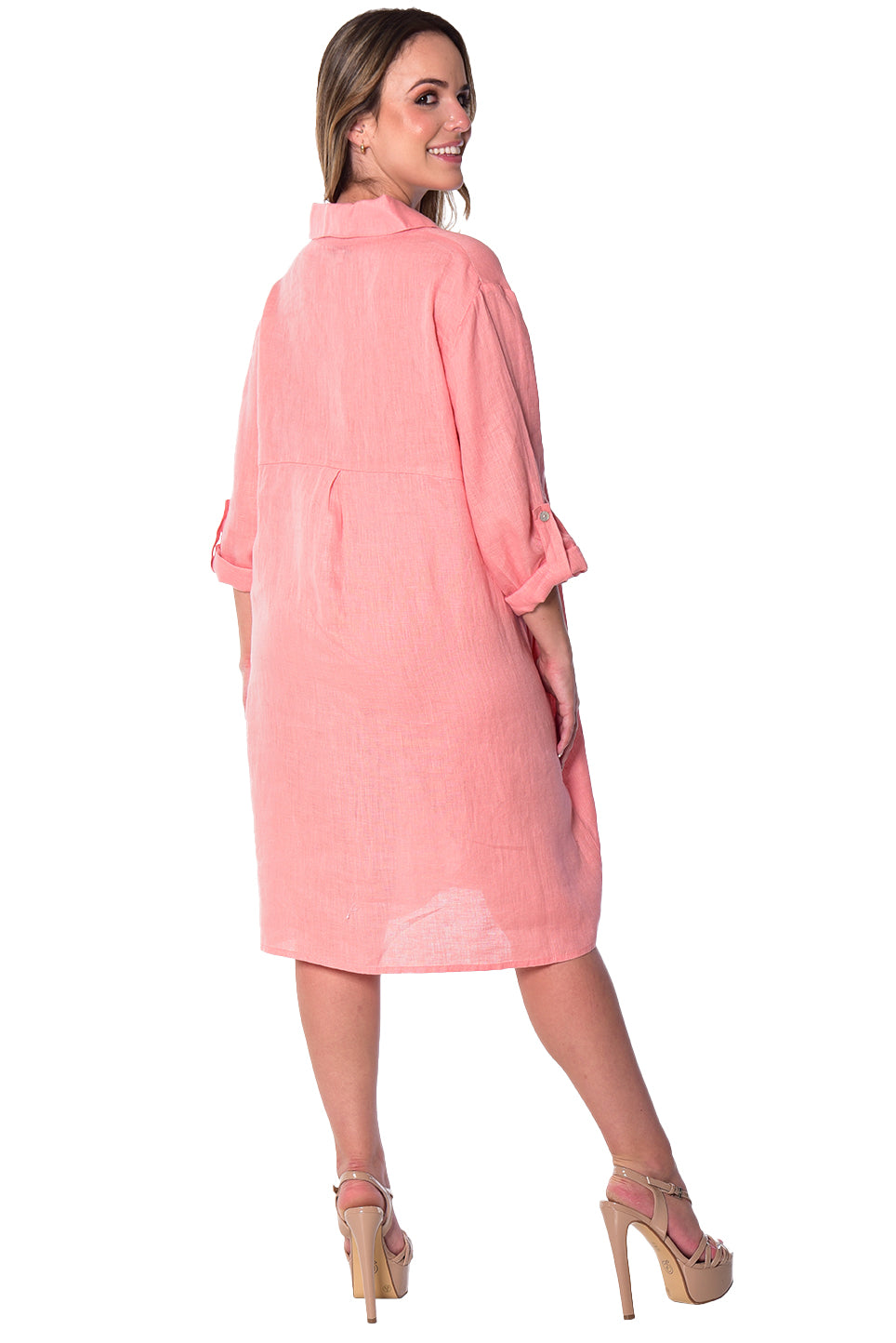 Linen Roll-Up Sleeve Tunic Dress by AZUCAR - LLWD2078 - Casual Tropical Wear