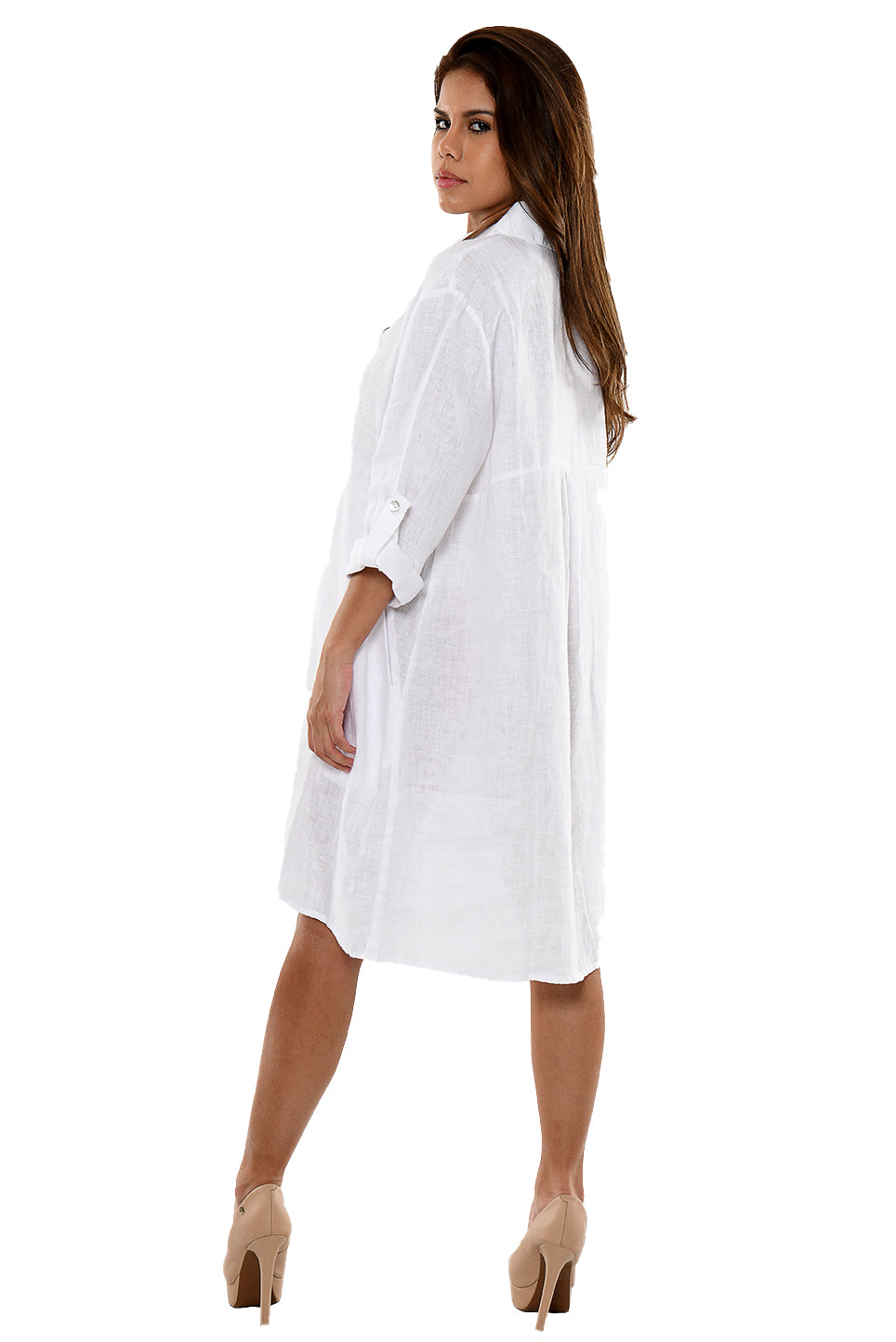 Linen Roll-Up Sleeve Tunic Dress by AZUCAR - LLWD2078 - Casual Tropical Wear