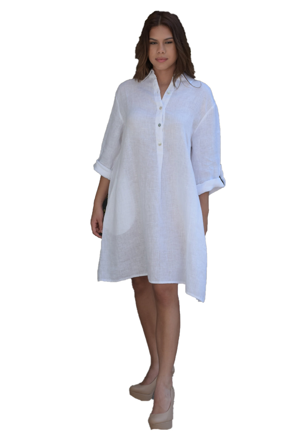 Linen Roll-Up Sleeve Tunic Dress by AZUCAR - LLWD2078 - Casual Tropical Wear