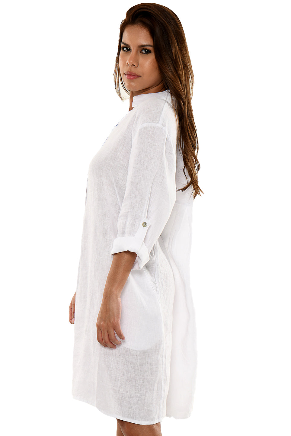 Linen Roll-Up Sleeve Tunic Dress by AZUCAR - LLWD2078 - Casual Tropical Wear