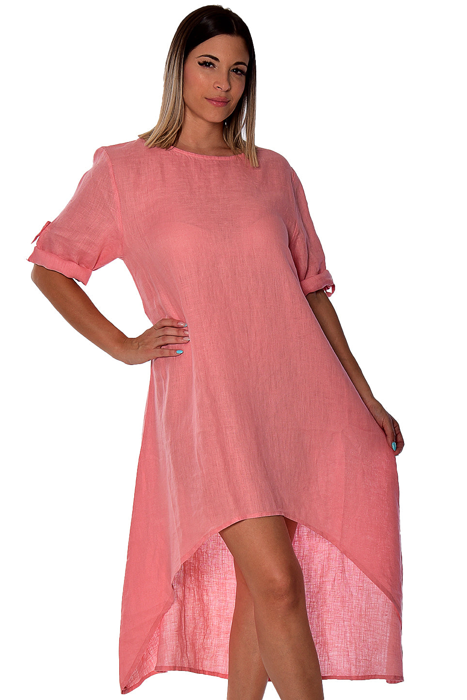 Linen High-Low Kaftan Roll-Up Sleeve- LLWD2079 - Casual Tropical Wear
