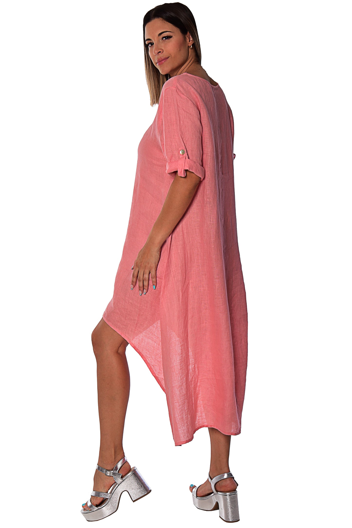 Linen High-Low Kaftan Roll-Up Sleeve- LLWD2079 - Casual Tropical Wear