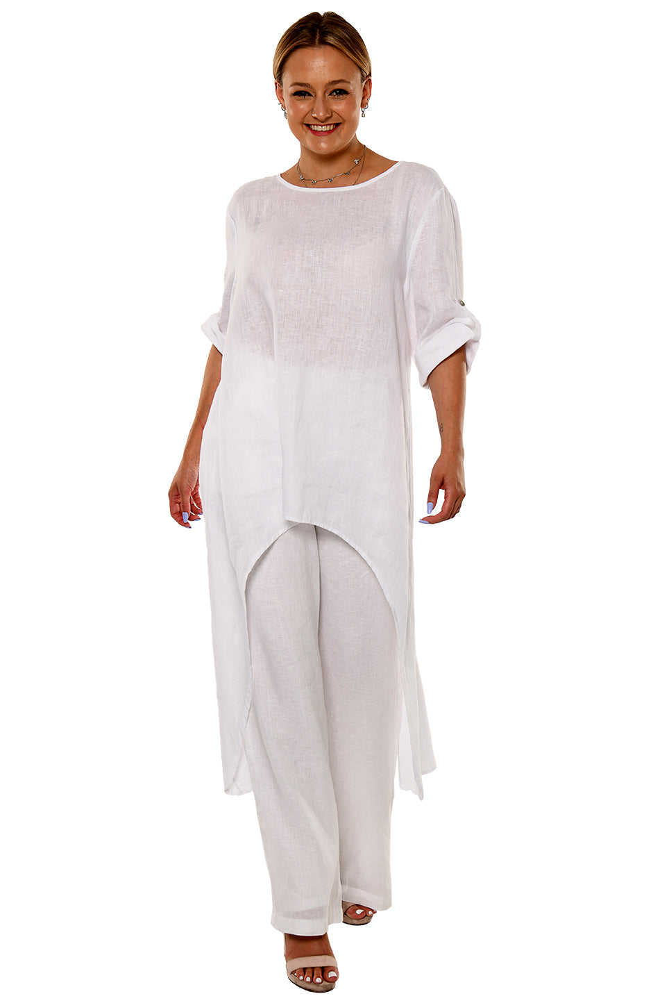 Linen High-Low Kaftan Roll-Up Sleeve- LLWD2079 - Casual Tropical Wear