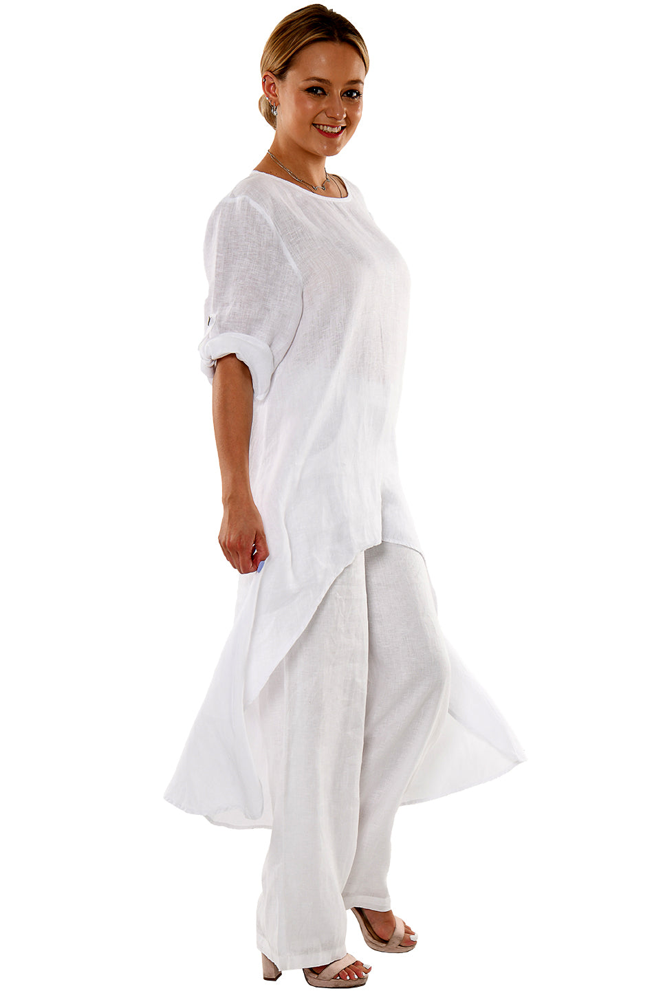 Linen High-Low Kaftan Roll-Up Sleeve- LLWD2079 - Casual Tropical Wear