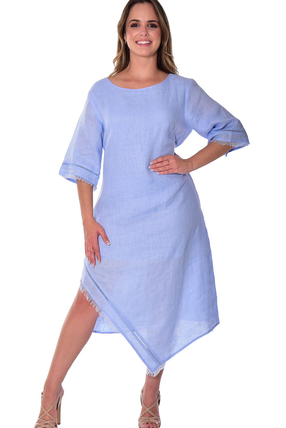 Azucar Ladies 3/4 Sleeve Handkerchief Hem Dress - LLWD2084 E. Blue / L