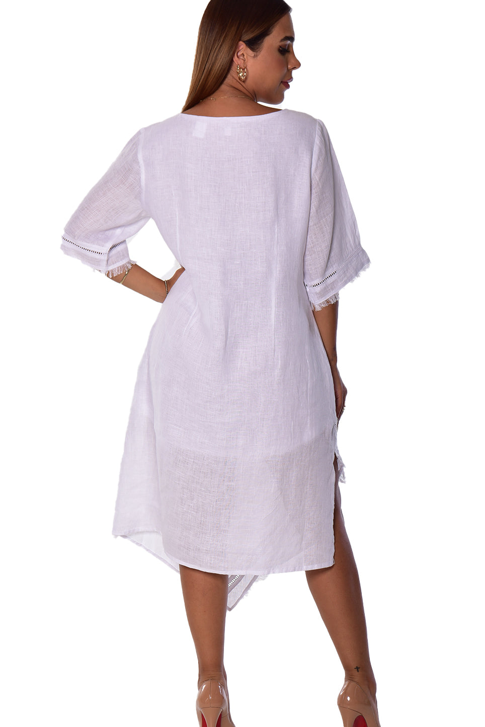 Azucar Ladies 3/4 Sleeve Handkerchief Hem Dress - LLWD2084 White / M Azucar Ladies 3/4 Sleeve Handkerchief Hem Dress - LLWD2084 White / M