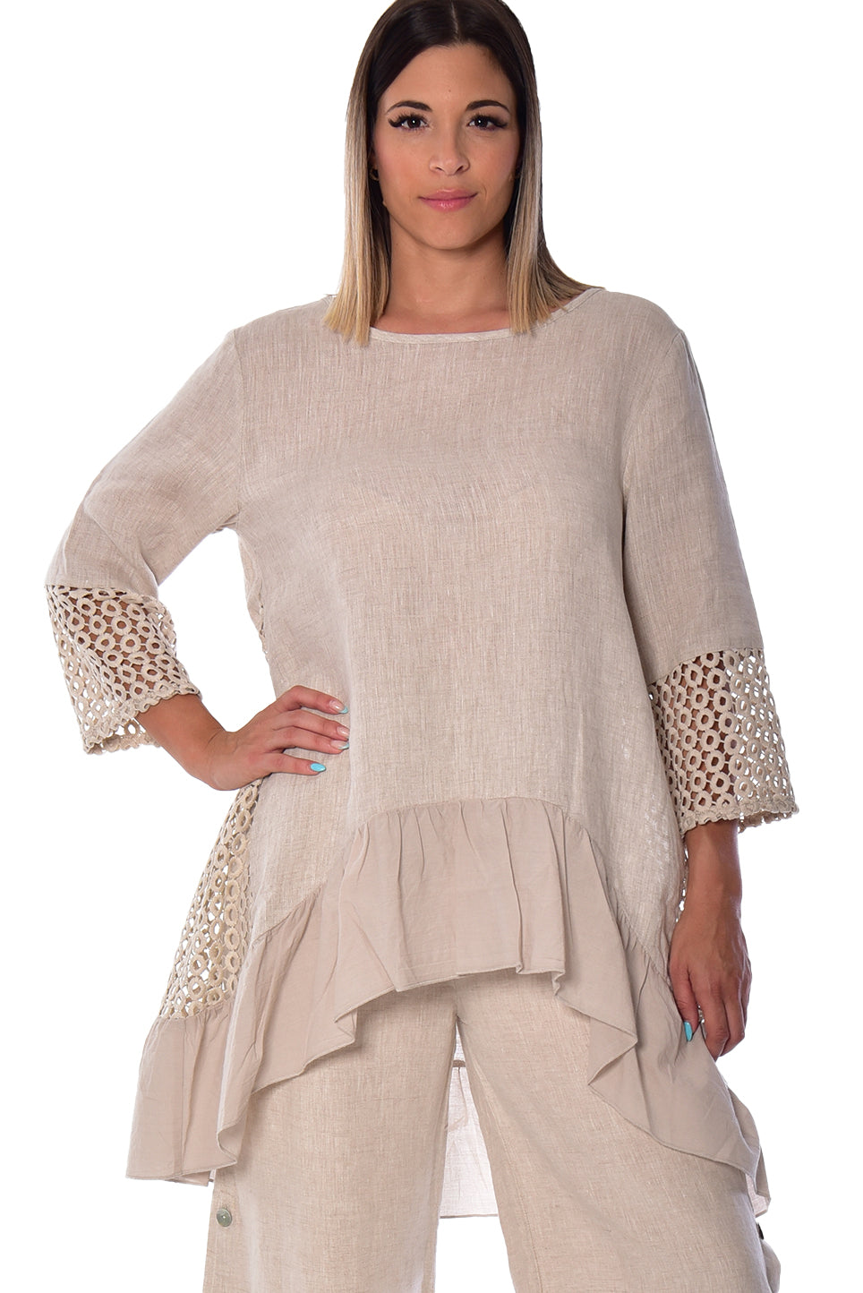 Azucar Ladies 3/4 Sleeve V-Neck Hi-Low Blouse - LLWT2085 - Casual Tropical Wear