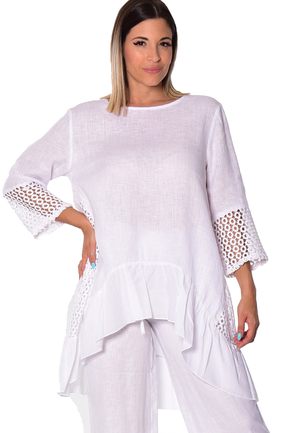 Azucar Ladies 3/4 Sleeve V-Neck Hi-Low Blouse - LLWT2085 - Casual Tropical Wear