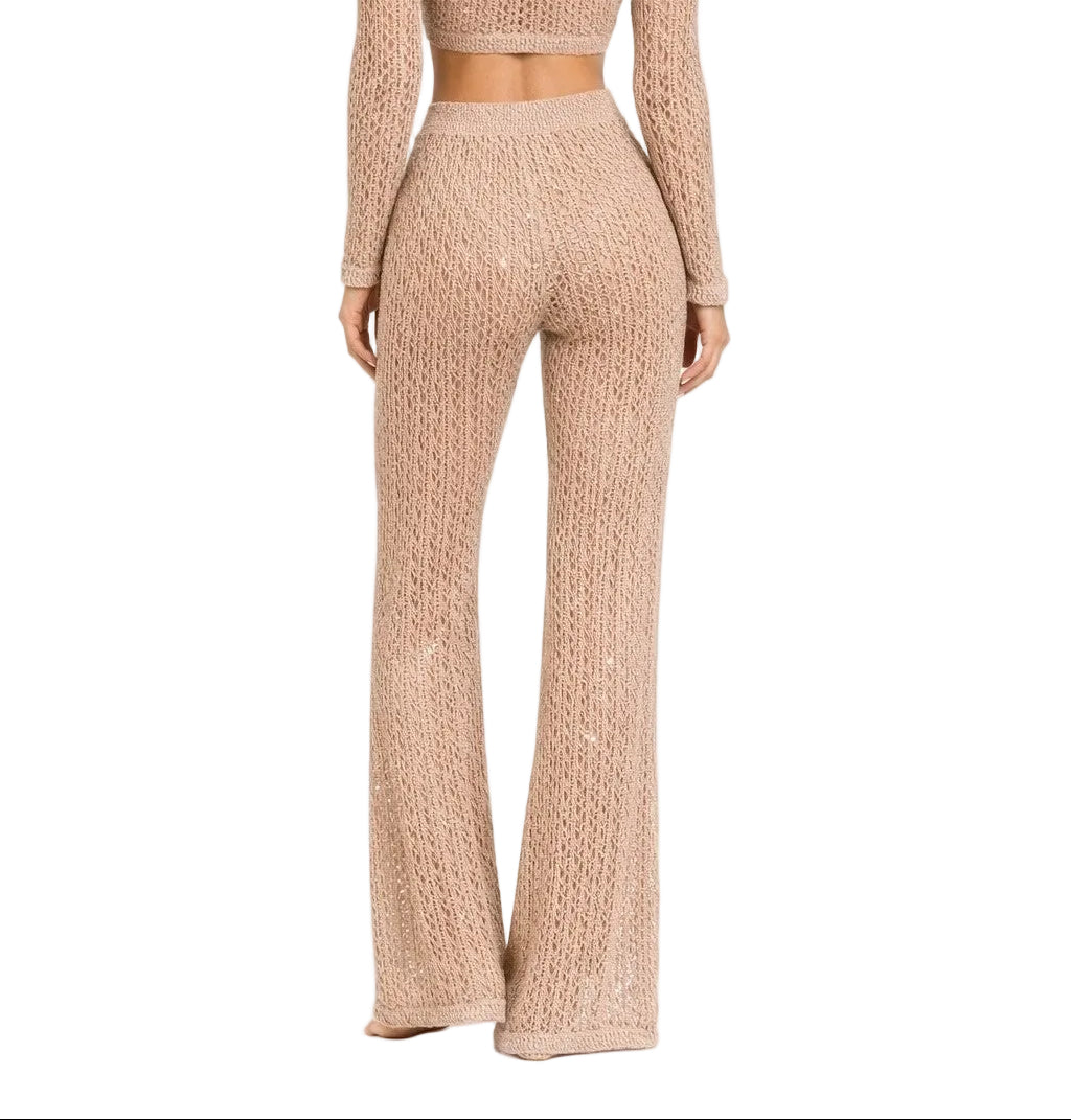 Golden Goddess Crochet Shimmer Wide Leg Pants by AZUCAR – Resort Cover-Up Pants - LMP3902 - Casual Tropical Wear