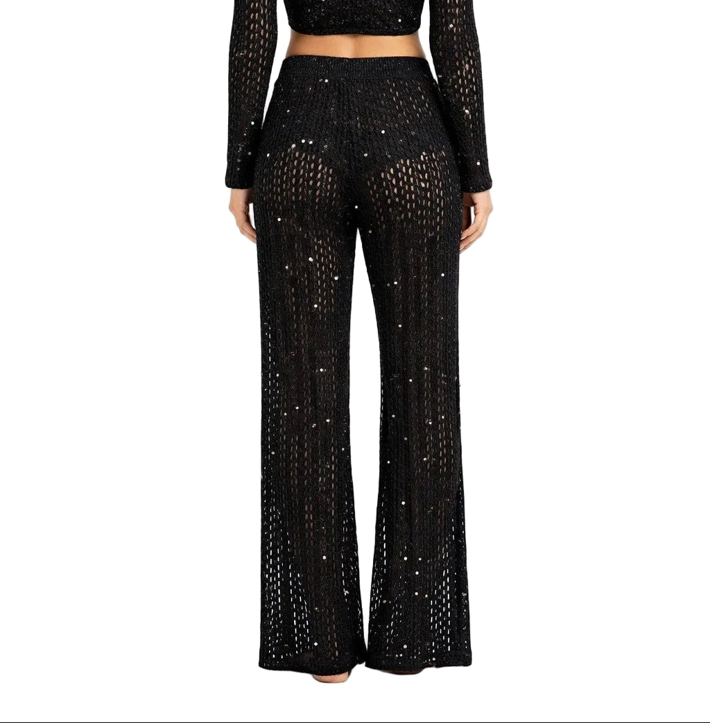 Golden Goddess Crochet Shimmer Wide Leg Pants by AZUCAR – Resort Cover-Up Pants - LMP3902 - Casual Tropical Wear