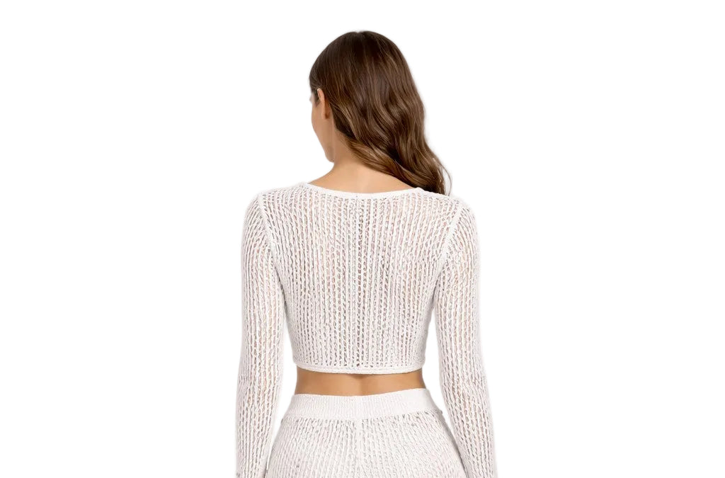 Golden Collection Crochet Tie Front Top – Shimmer Knit Beach Cover Up, Long Sleeve Resort Top, Women’s Vacation Outfit -LMT3901 - Casual Tropical Wear