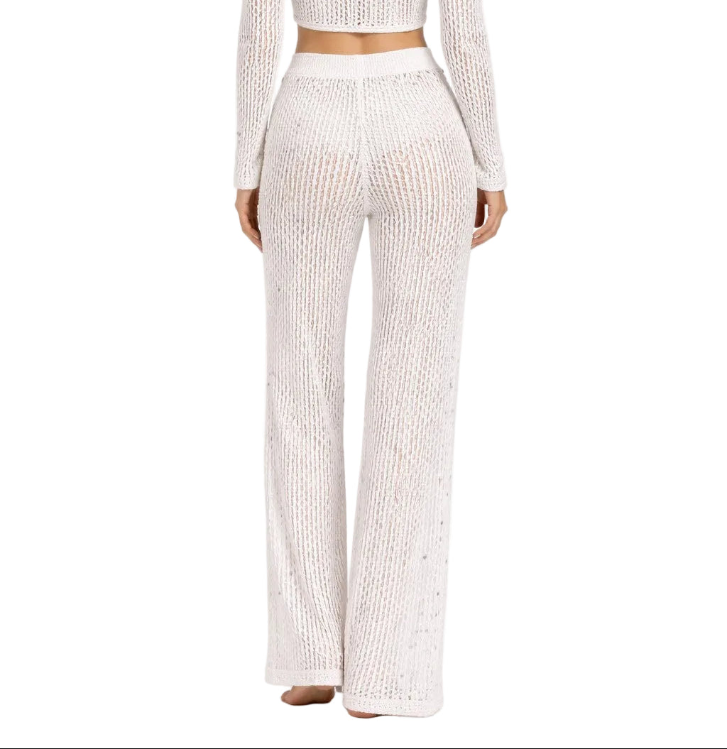 Golden Goddess Crochet Shimmer Wide Leg Pants by AZUCAR – Resort Cover-Up Pants - LMP3902 - Casual Tropical Wear
