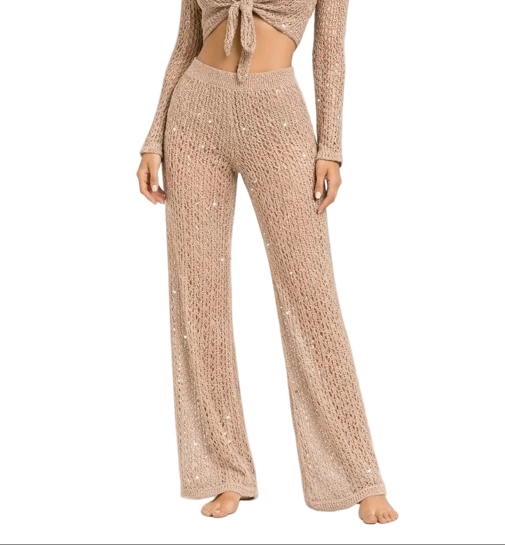 Golden Goddess Crochet Shimmer Wide Leg Pants by AZUCAR – Resort Cover-Up Pants - LMP3902 - Casual Tropical Wear
