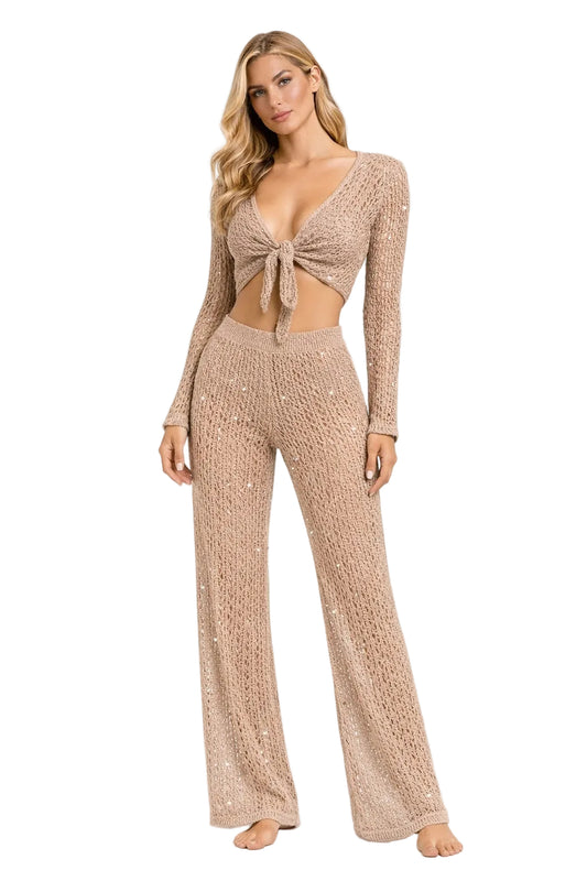 Golden Collection Crochet Tie Front Top – Shimmer Knit Beach Cover Up, Long Sleeve Resort Top, Women’s Vacation Outfit -LMT3901 - Casual Tropical Wear