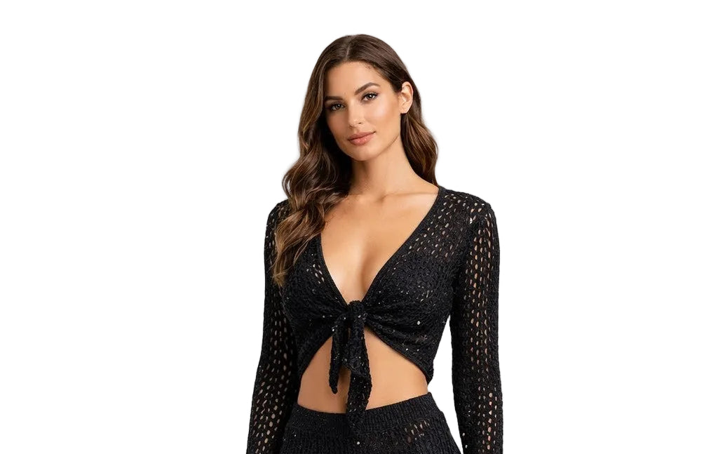 Golden Collection Crochet Tie Front Top – Shimmer Knit Beach Cover Up, Long Sleeve Resort Top, Women’s Vacation Outfit -LMT3901 - Casual Tropical Wear