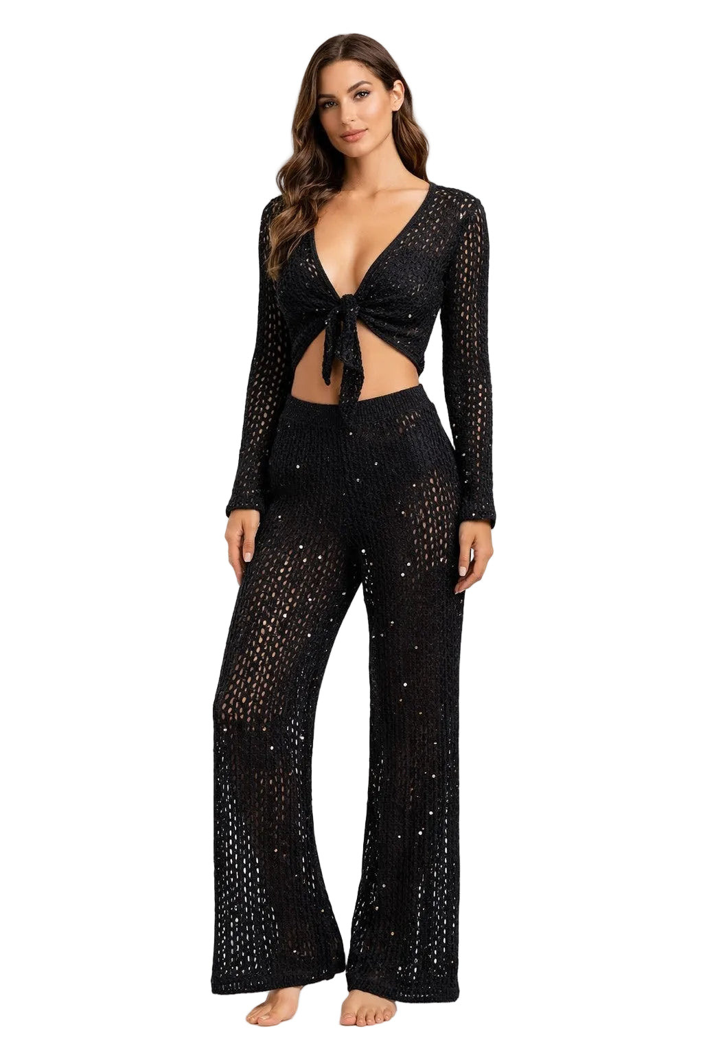 Golden Collection Crochet Tie Front Top – Shimmer Knit Beach Cover Up, Long Sleeve Resort Top, Women’s Vacation Outfit -LMT3901 - Casual Tropical Wear
