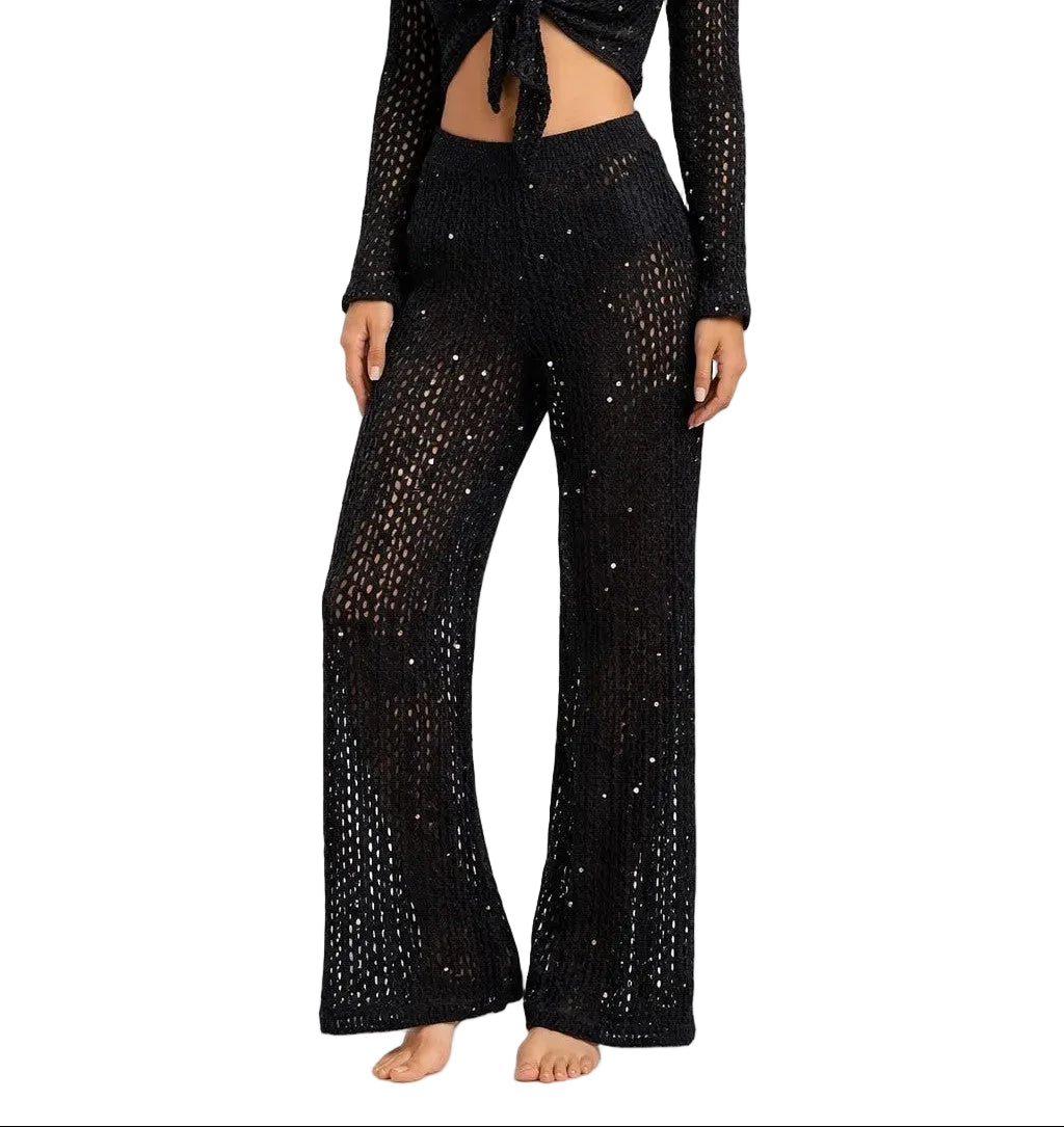 Golden Goddess Crochet Shimmer Wide Leg Pants by AZUCAR – Resort Cover-Up Pants - LMP3902 - Casual Tropical Wear