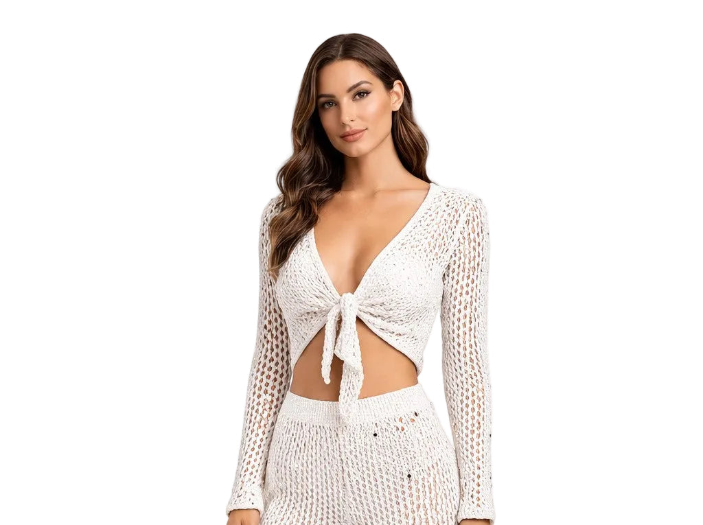 Golden Collection Crochet Tie Front Top – Shimmer Knit Beach Cover Up, Long Sleeve Resort Top, Women’s Vacation Outfit -LMT3901 - Casual Tropical Wear