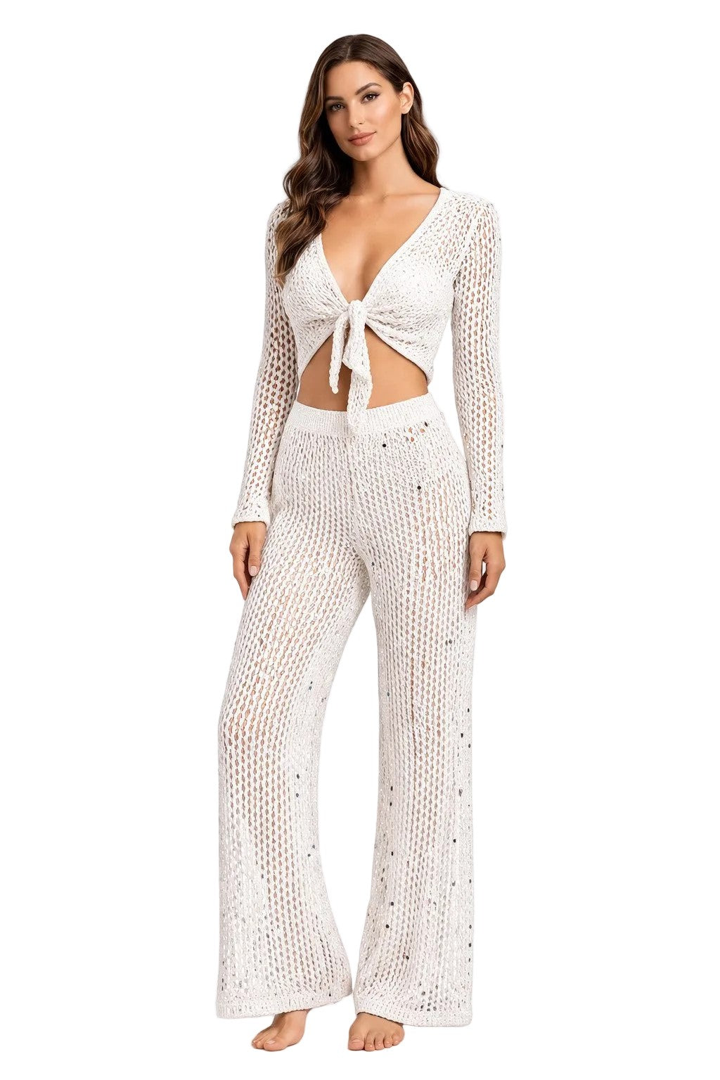 Golden Goddess Crochet Shimmer Wide Leg Pants by AZUCAR – Resort Cover-Up Pants - LMP3902 - Casual Tropical Wear