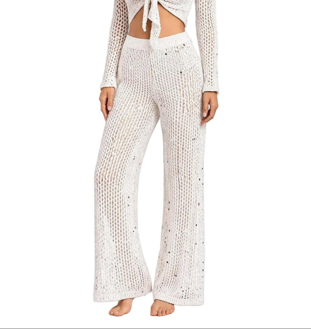 Golden Goddess Crochet Shimmer Wide Leg Pants by AZUCAR – Resort Cover-Up Pants - LMP3902 - Casual Tropical Wear
