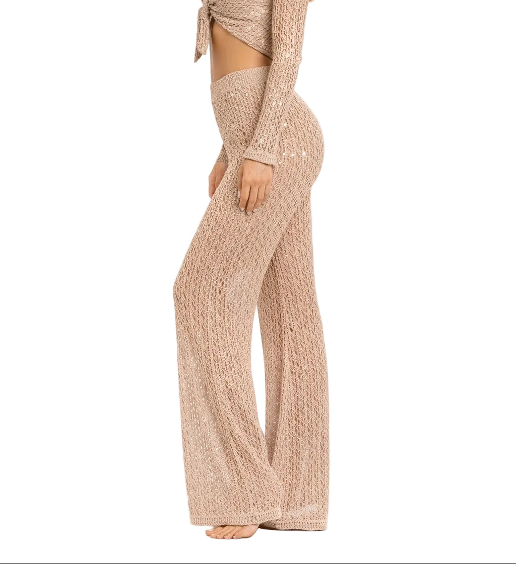 Golden Goddess Crochet Shimmer Wide Leg Pants by AZUCAR – Resort Cover-Up Pants - LMP3902 - Casual Tropical Wear