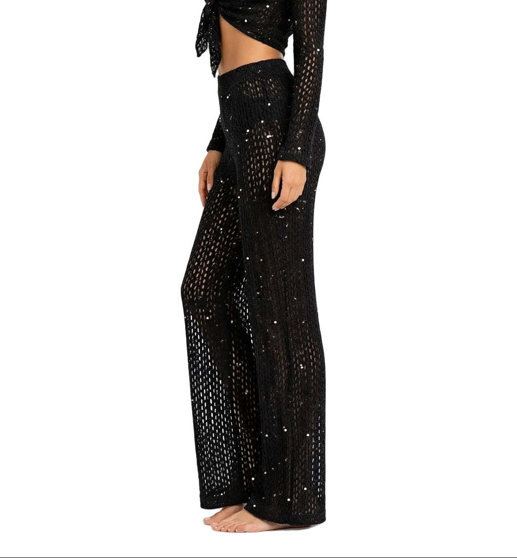 Golden Goddess Crochet Shimmer Wide Leg Pants by AZUCAR – Resort Cover-Up Pants - LMP3902 - Casual Tropical Wear