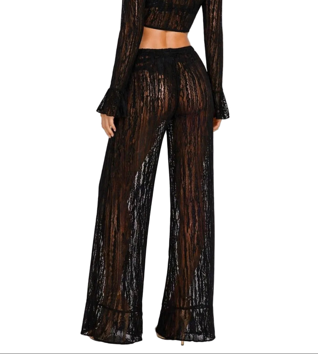 Sun & Salt Sheer Lace Wide-Leg Pants – Beach Cover-Up Resort Wear in White & Black - LMP3993 - Casual Tropical Wear