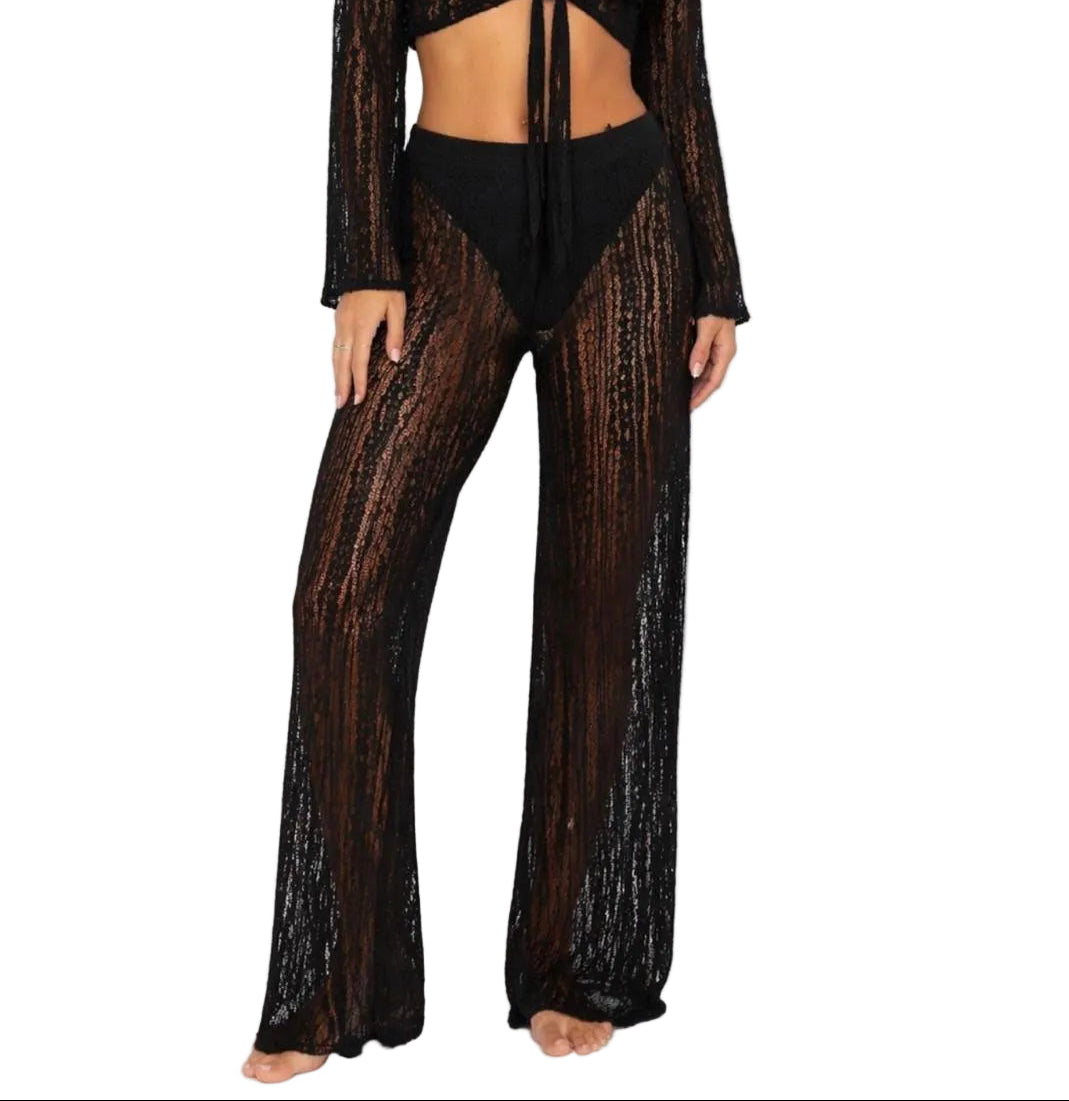 Sun & Salt Sheer Lace Wide-Leg Pants – Beach Cover-Up Resort Wear in White & Black - LMP3993 - Casual Tropical Wear