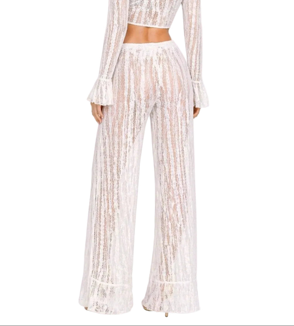 Sun & Salt Sheer Lace Wide-Leg Pants – Beach Cover-Up Resort Wear in White & Black - LMP3993 - Casual Tropical Wear