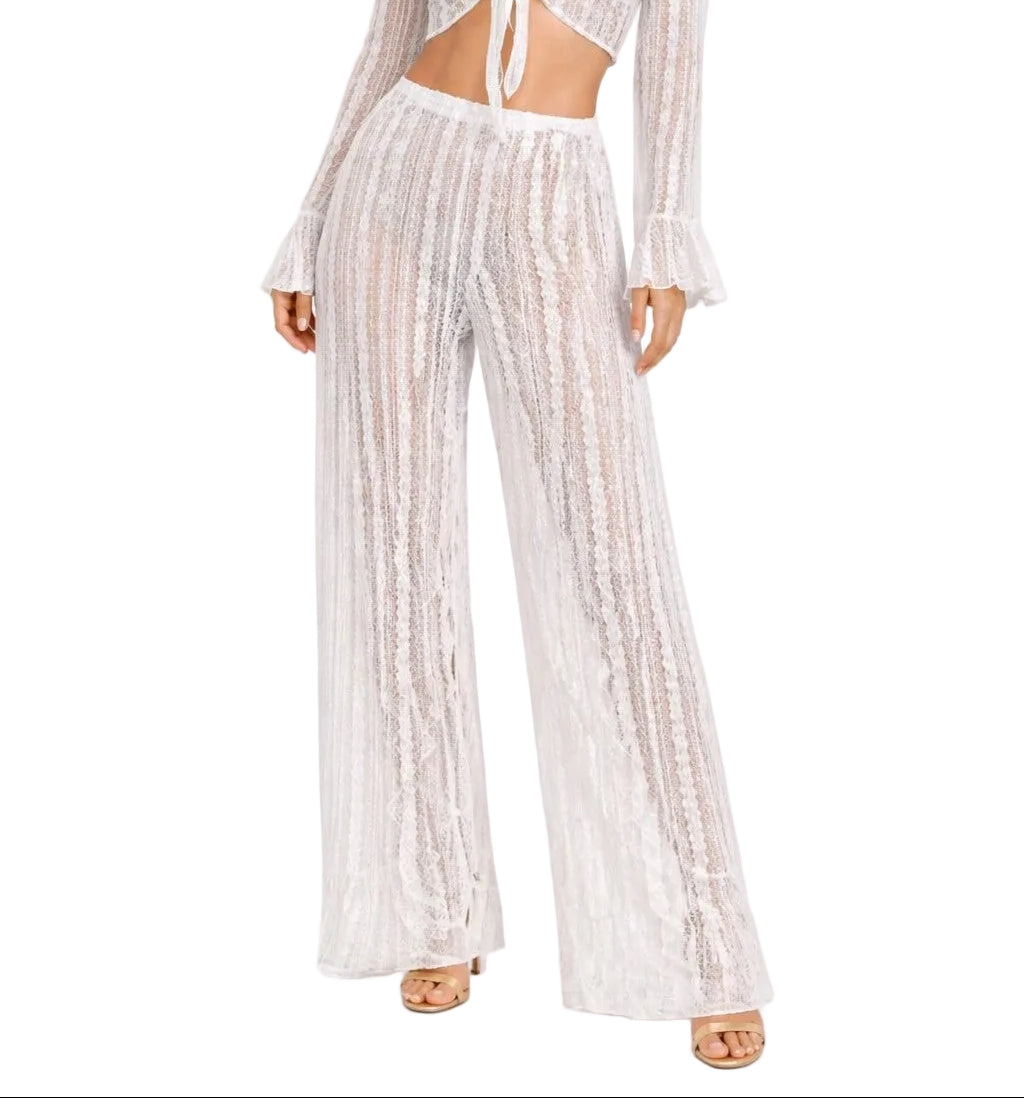 Sun & Salt Sheer Lace Wide-Leg Pants – Beach Cover-Up Resort Wear in White & Black - LMP3993 - Casual Tropical Wear