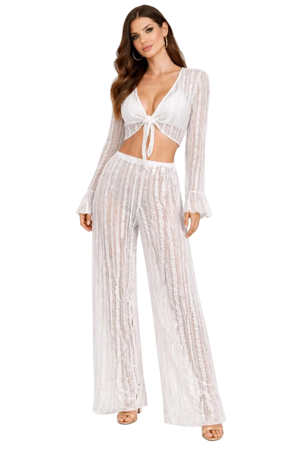 Sun & Salt Sheer Lace Wide-Leg Pants – Beach Cover-Up Resort Wear in White & Black - LMP3993 - Casual Tropical Wear