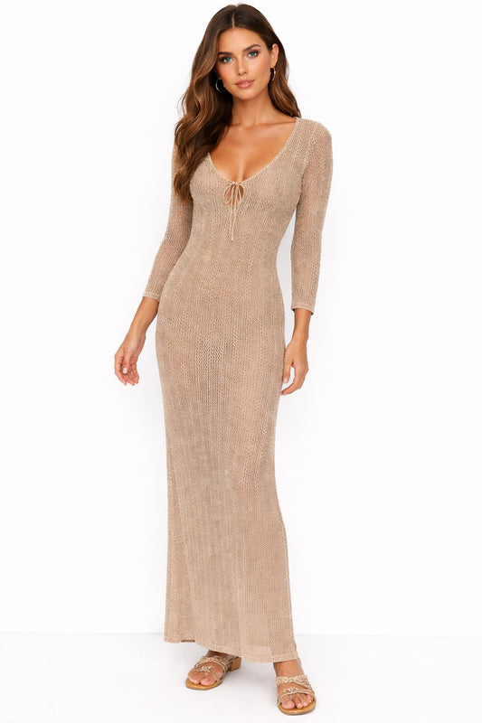 Azucar Golden Goddess Crochet Maxi Dress – Elegant Beach Resort Cover-Up Dress - LMT3813