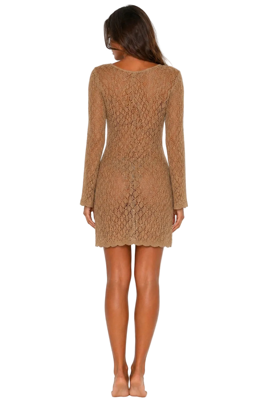 Siren Collection Crochet Cover Up Dress – Sheer Knit Long Sleeve Beach Dress (Black, White, Beige) - LMT3818 - Casual Tropical Wear