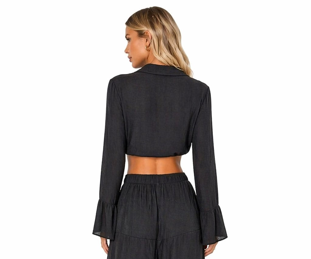 Tie Front Long Sleeve Sheer Crop Top – Lightweight Beach Cover Up Blouse - LMT3903 - Casual Tropical Wear