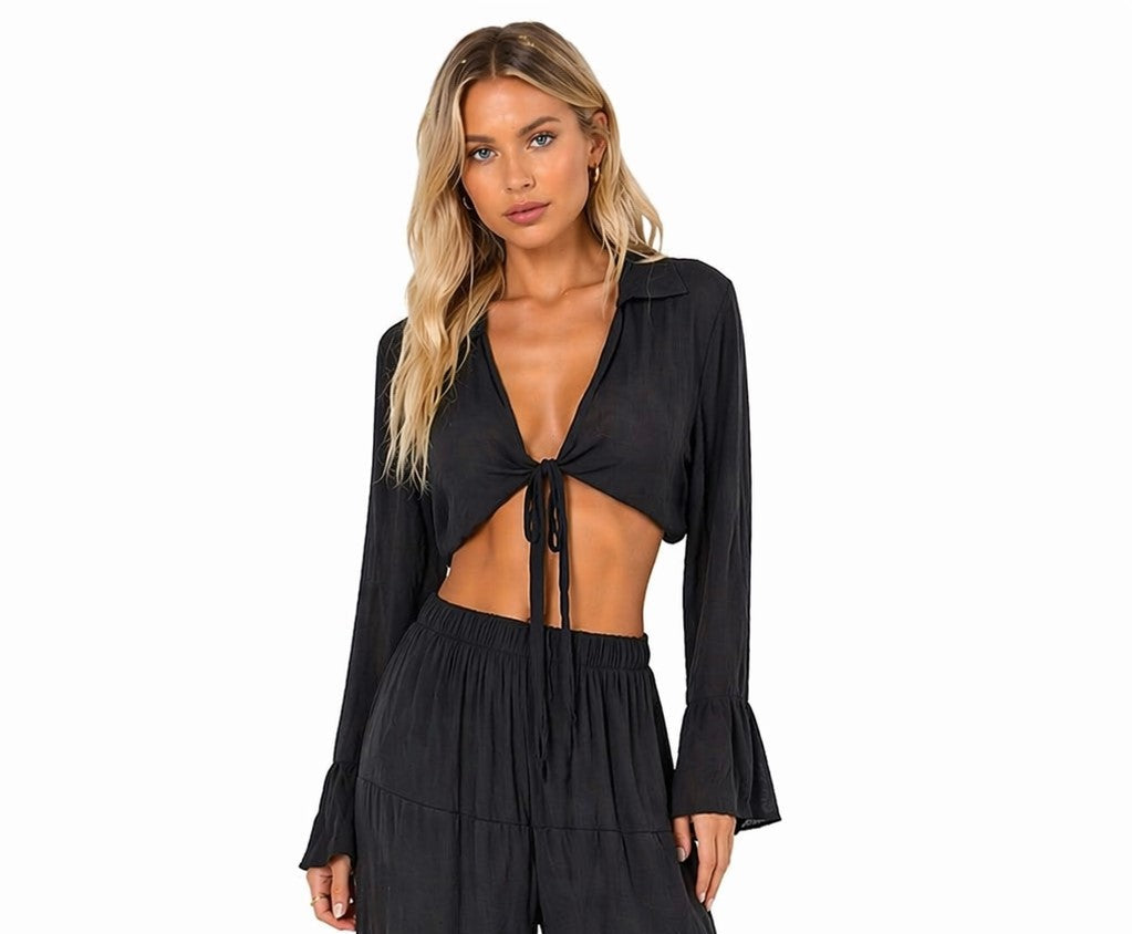 Tie Front Long Sleeve Sheer Crop Top – Lightweight Beach Cover Up Blouse - LMT3903 - Casual Tropical Wear