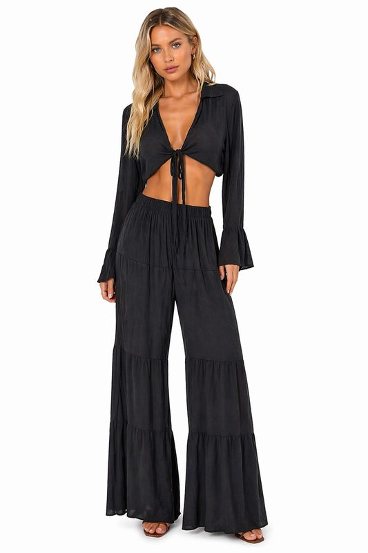 Black Tiered Wide Leg Pants Women | Flowy Resort Pants | Beach Cover Up Bottom - LMT3903 - Casual Tropical Wear