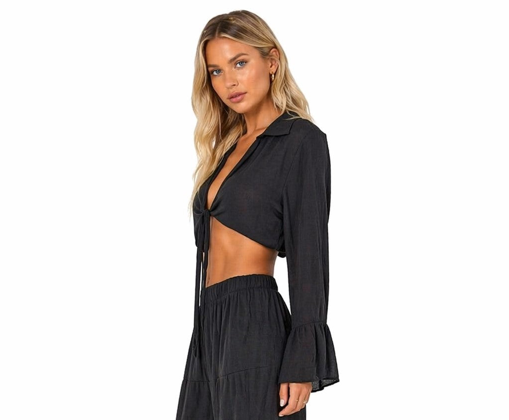 Tie Front Long Sleeve Sheer Crop Top – Lightweight Beach Cover Up Blouse - LMT3903 - Casual Tropical Wear