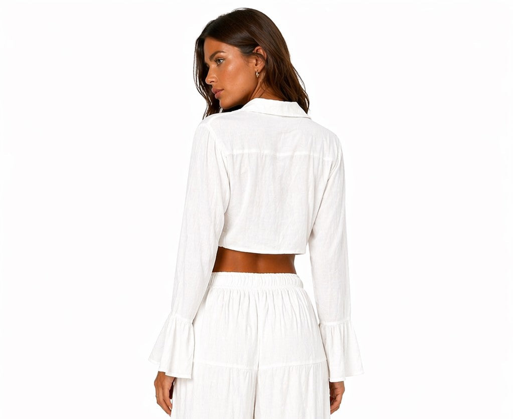 Tie Front Long Sleeve Sheer Crop Top – Lightweight Beach Cover Up Blouse - LMT3903 - Casual Tropical Wear