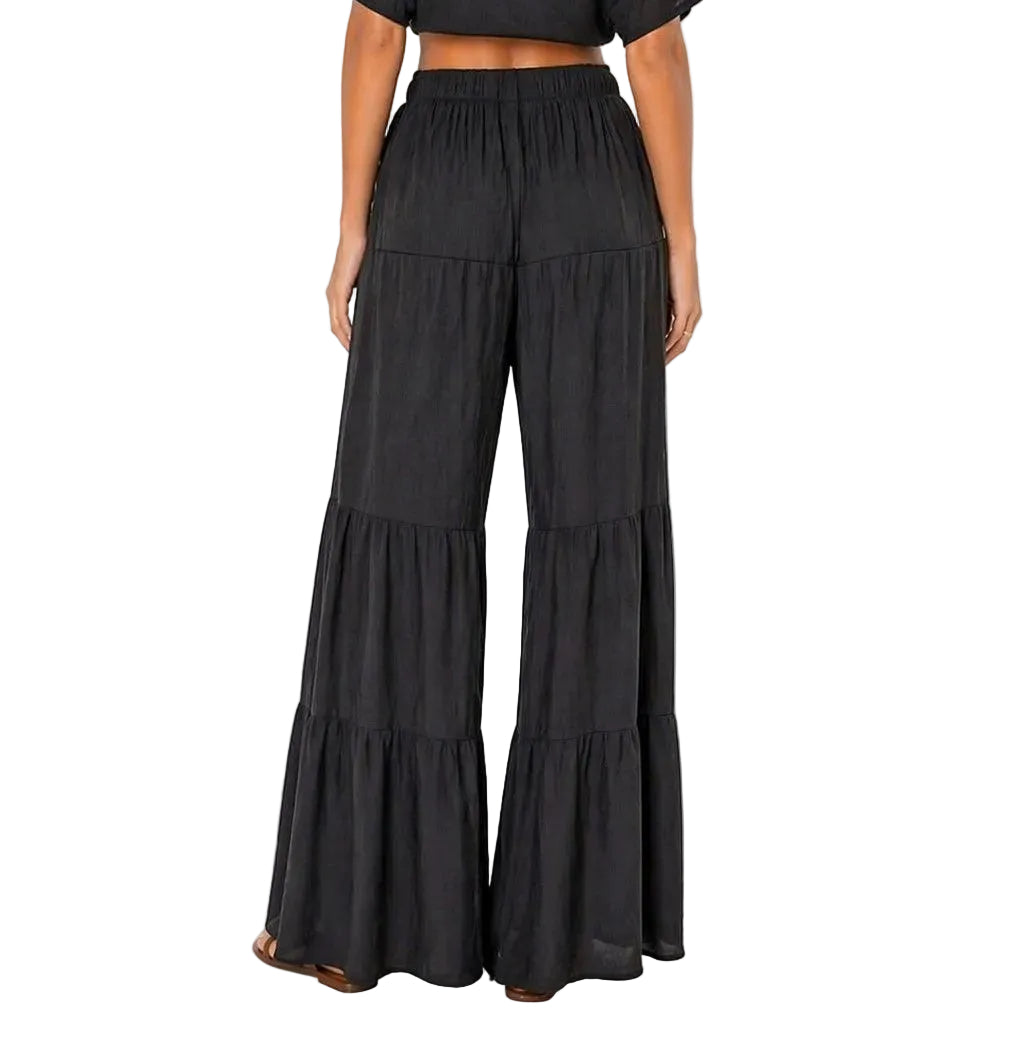 Black Tiered Wide Leg Pants Women | Flowy Resort Pants | Beach Cover Up Bottom - LMT3903 - Casual Tropical Wear