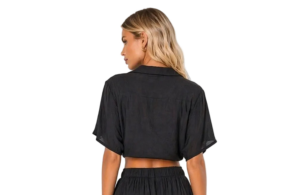 Sun & Salt Tie-Front Crop Top – Lightweight Resort Blouse | White & Black -LMT3904 - Casual Tropical Wear