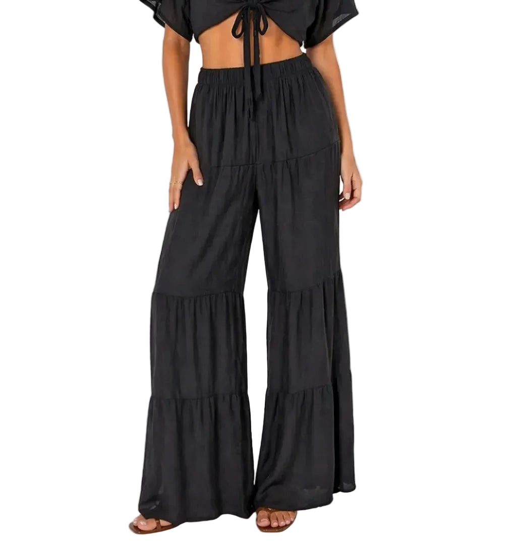 Black Tiered Wide Leg Pants Women | Flowy Resort Pants | Beach Cover Up Bottom - LMT3903 - Casual Tropical Wear