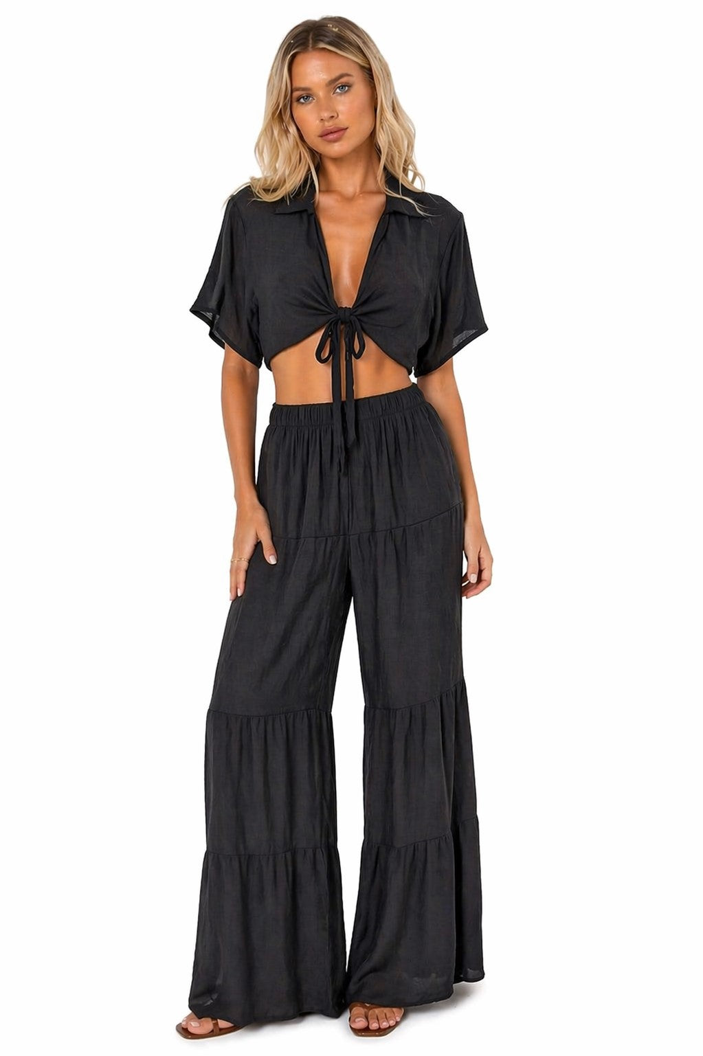 Sun & Salt Tie-Front Crop Top – Lightweight Resort Blouse | White & Black -LMT3904 - Casual Tropical Wear