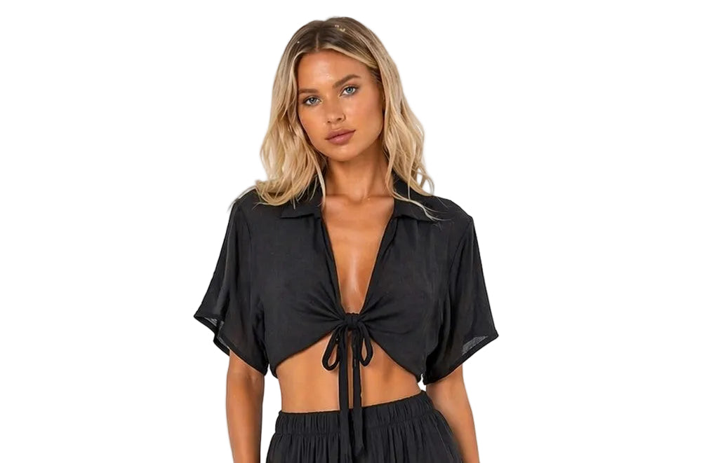Sun & Salt Tie-Front Crop Top – Lightweight Resort Blouse | White & Black -LMT3904 - Casual Tropical Wear