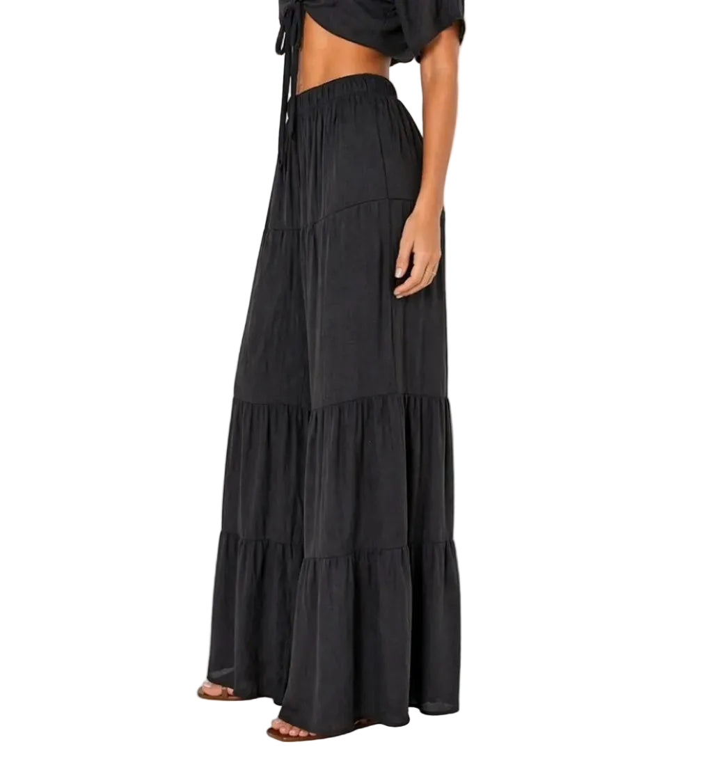Black Tiered Wide Leg Pants Women | Flowy Resort Pants | Beach Cover Up Bottom - LMT3903 - Casual Tropical Wear
